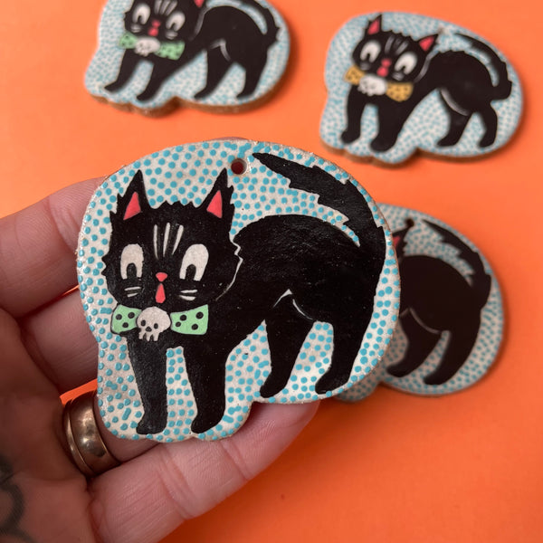 Ceramic Hand Built Skull Halloween Cat Ornament