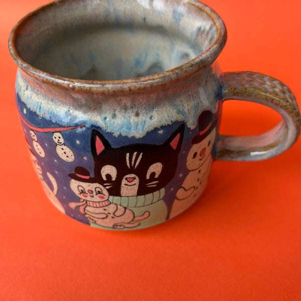 Ceramic Wheel Thrown Cat Snowman Mug 11oz