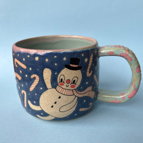Ceramic Wheel Thrown Snowman Candy Cane Mug 13.5oz