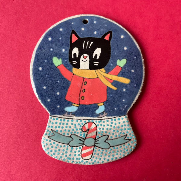 Ceramic Hand Built Ice Skater Snow Globe Ornament