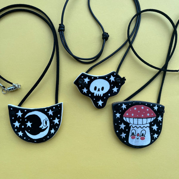 Ceramic Hand Built Necklace Moon, Skull, Mushroom