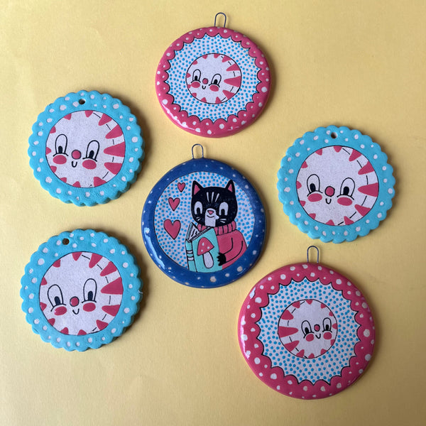 Ceramic Hand Built Peppermints and Cat Ornament