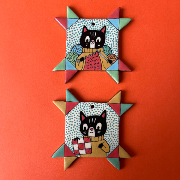 Ceramic Hand Built Cat Quilt Block Ornament