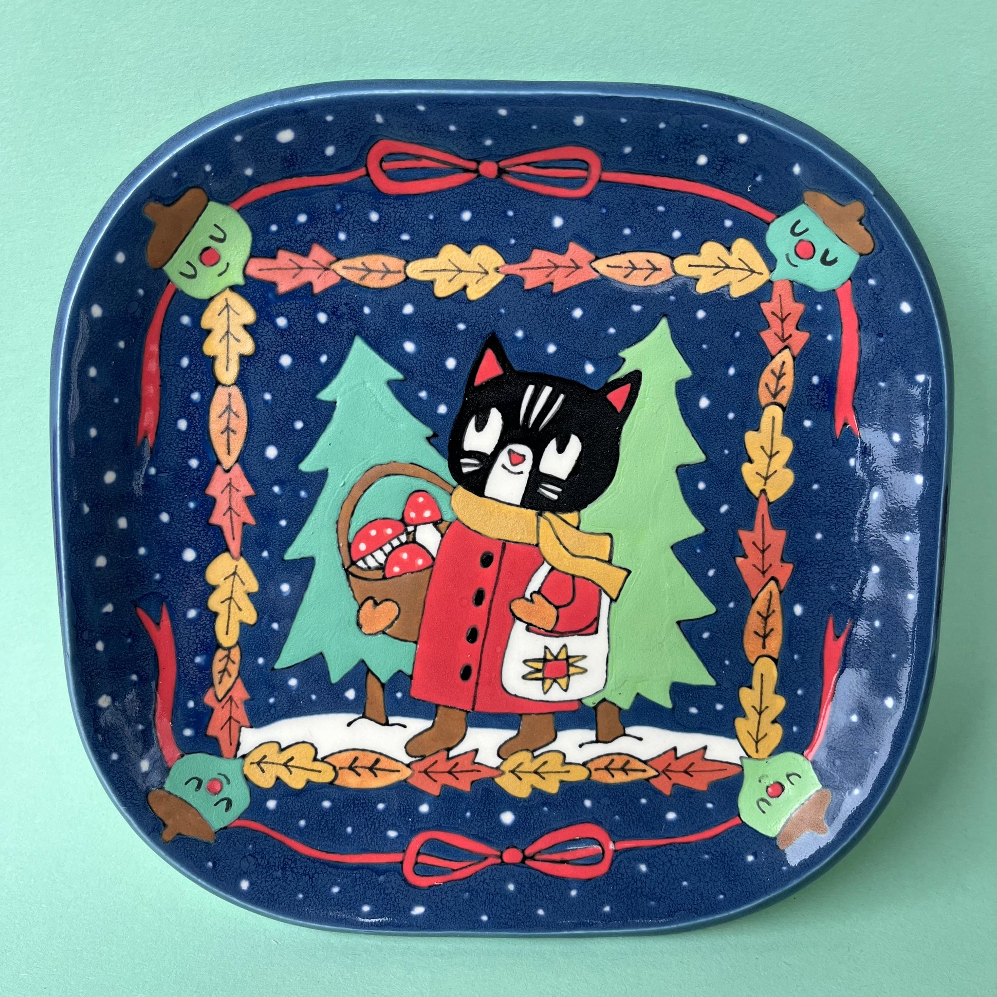 Ceramic Hand Built Cat In Winter Plate 6.25"