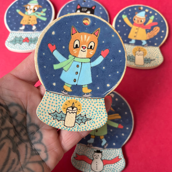 Ceramic Hand Built Ice Skater Snow Globe Ornament