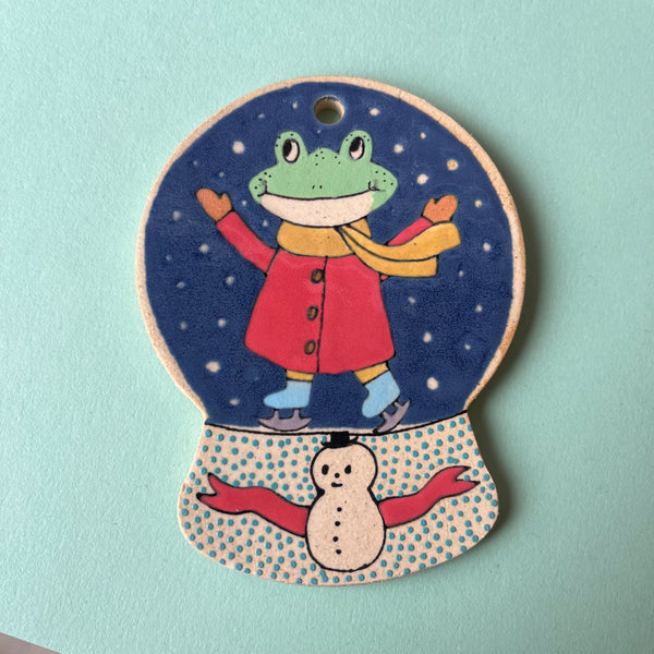 Ceramic Hand Built Ice Skaters Snow Globe Ornament