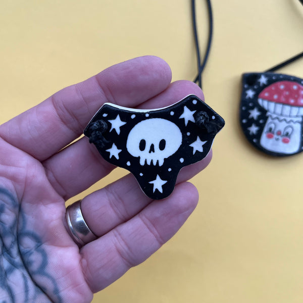 Ceramic Hand Built Necklace Moon, Skull, Mushroom