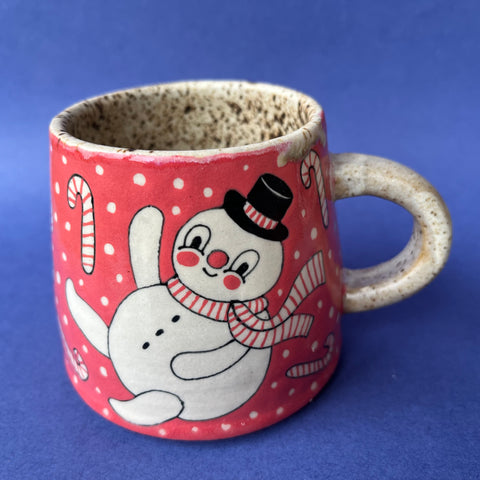 Ceramic Wheel Thrown Snowman Candy Cane Mug 9oz