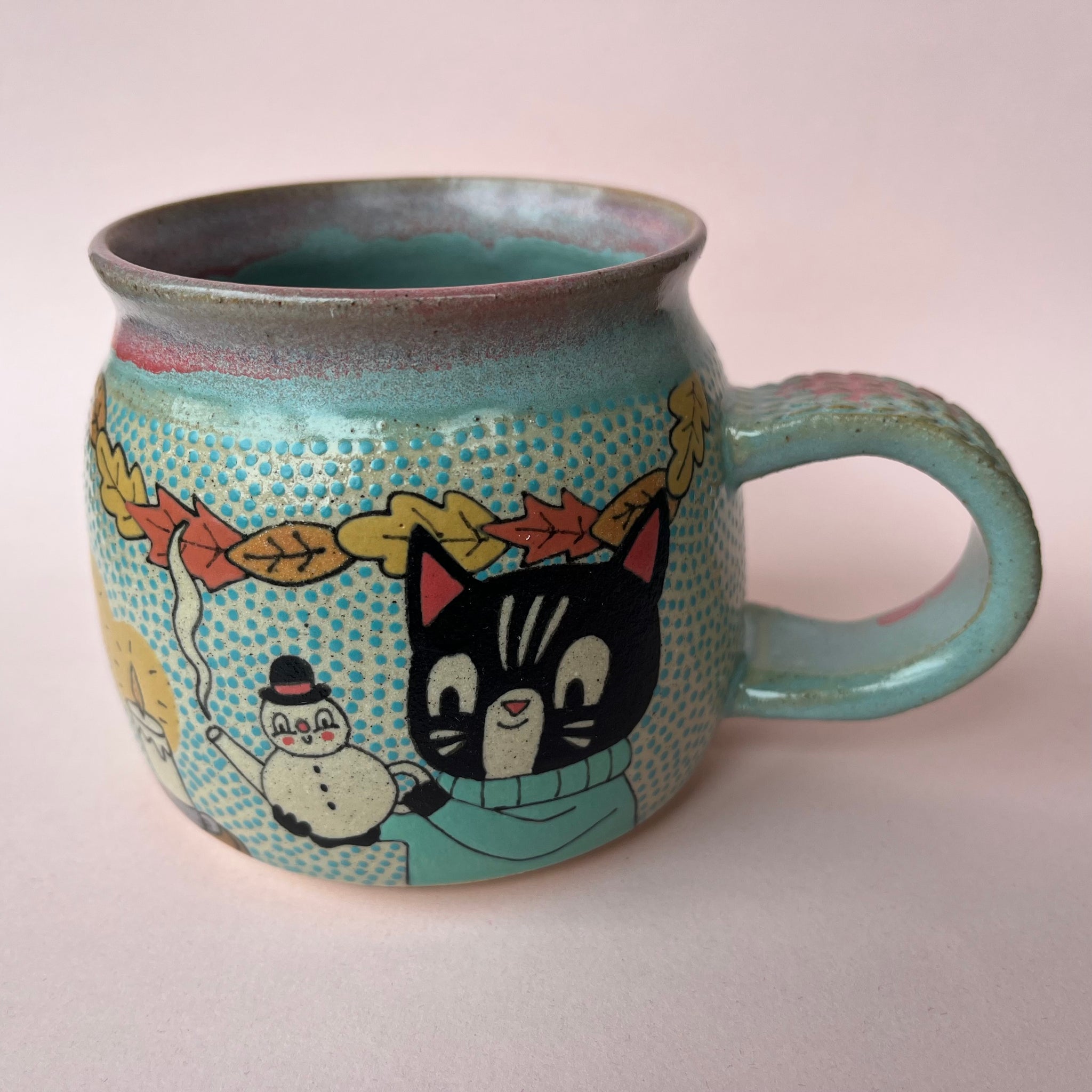 Ceramic Wheel Thrown Christmas Party Cats Mug 11oz
