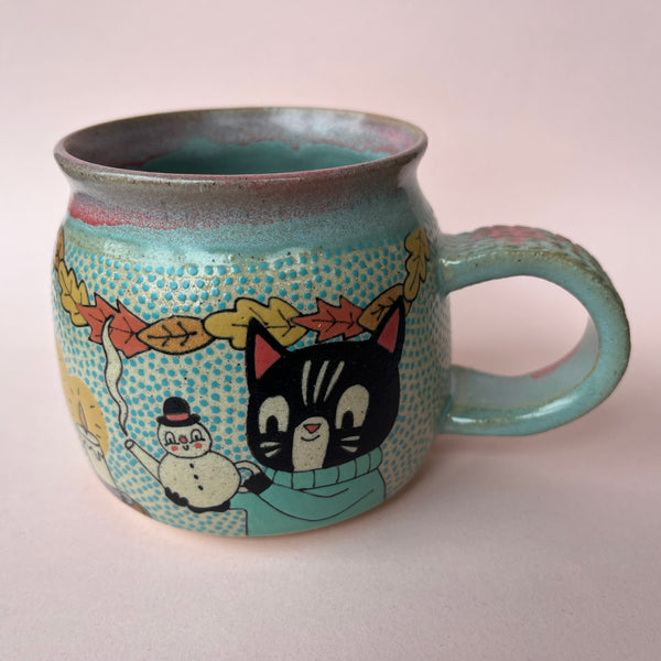 Ceramic Wheel Thrown Christmas Party Cats Mug 11oz