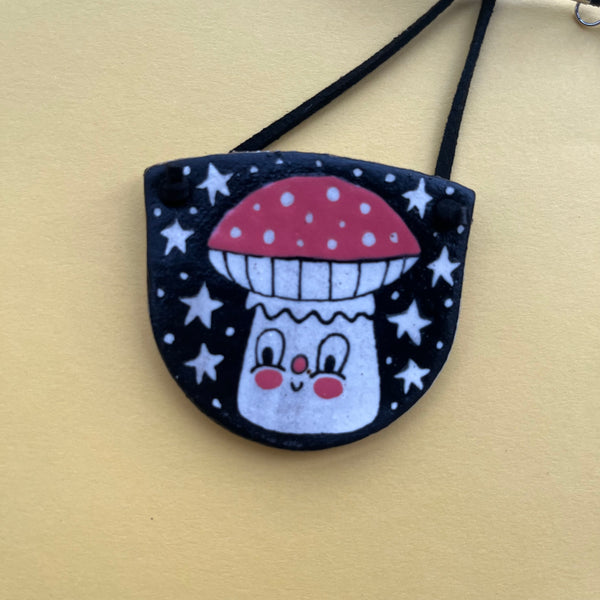 Ceramic Hand Built Necklace Moon, Skull, Mushroom
