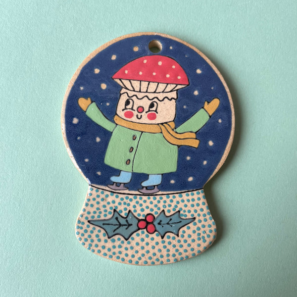 Ceramic Hand Built Ice Skaters Snow Globe Ornament