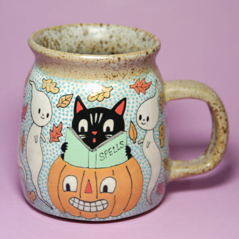 Ceramic Wheel Thrown Halloween Cat and Ghost Mug 15oz