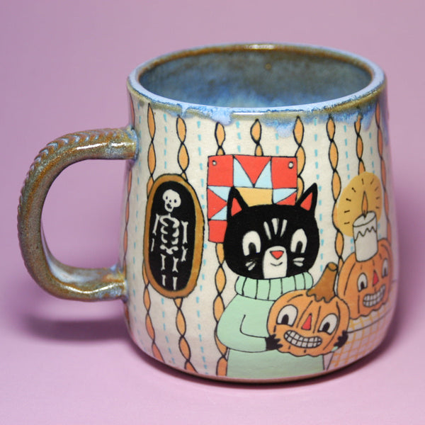 Ceramic Wheel Thrown Ouija Cats Mug 16oz