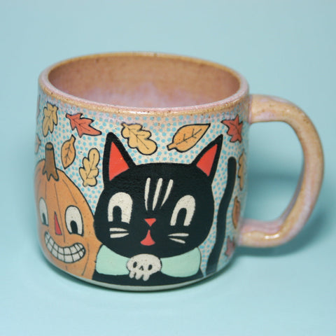 Ceramic Wheel Thrown Halloween Cat Mug 11.5oz