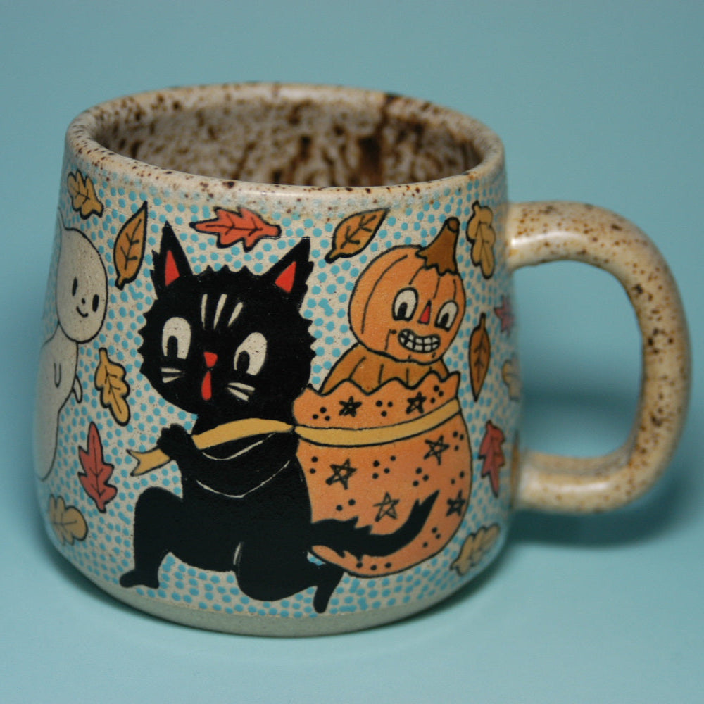 Ceramic Wheel Thrown Halloween Cat Mug 15oz