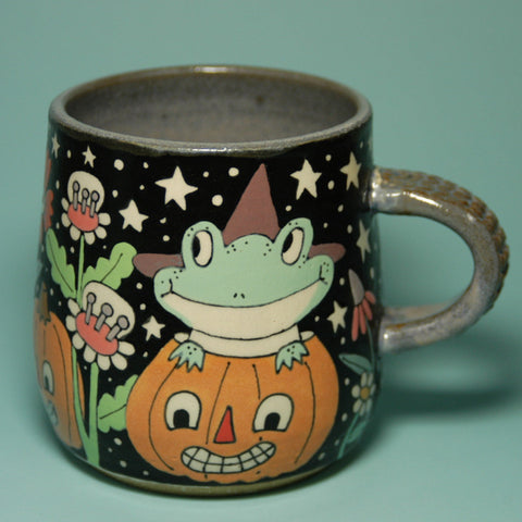 Ceramic Wheel Thrown  Halloween Frogs Mug 14.5oz