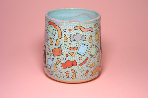 Ceramic Wheel Thrown Halloween Cat Spider Candy Mug 14oz