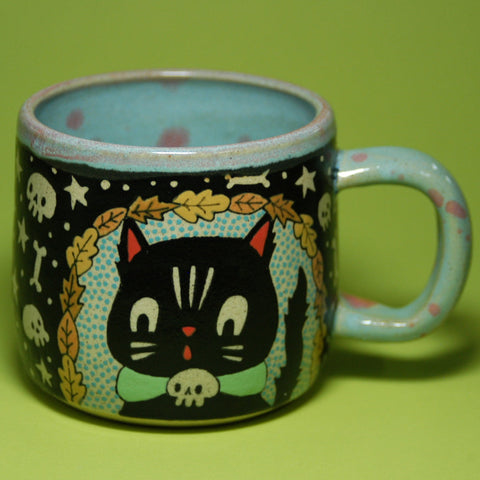 Ceramic Wheel Thrown Halloween Cats + Ghosts Mug 12oz