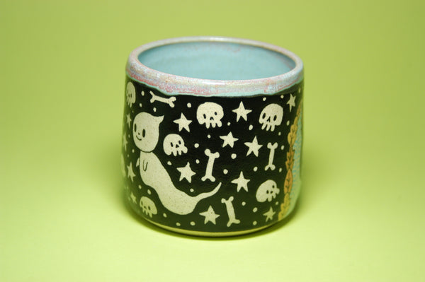 Ceramic Wheel Thrown Halloween Cats + Ghosts Mug 12oz