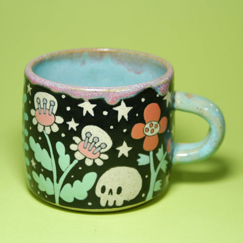 Ceramic Wheel Thrown Skull Flowers Mug 10oz