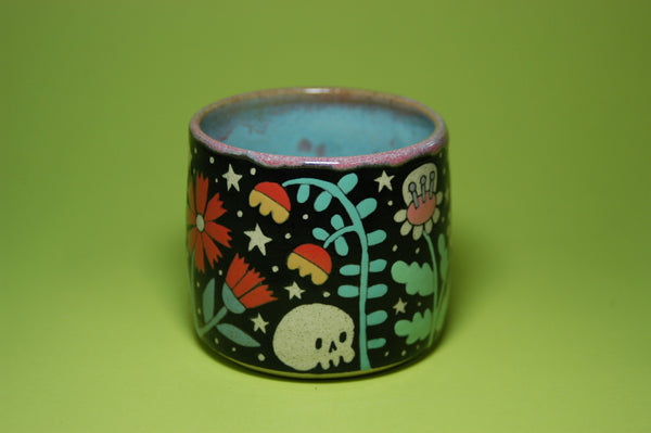 Ceramic Wheel Thrown Skull Flowers Mug 10oz