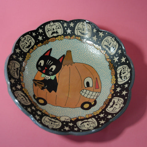Ceramic Hand Built Halloween Cat Dish 8.5"