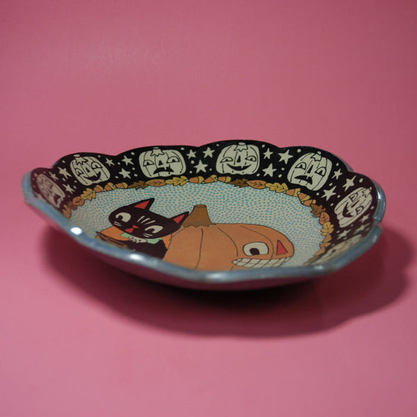 Ceramic Hand Built Halloween Cat Dish 8.5"