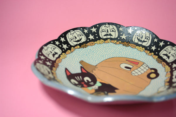 Ceramic Hand Built Halloween Cat Dish 8.5"
