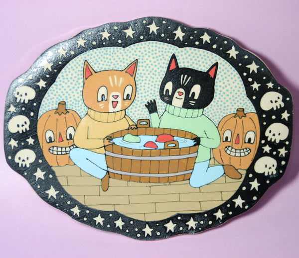 Ceramic Hand Built Halloween Cats Apples Plate 8.5"