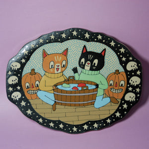 Ceramic Hand Built Halloween Cats Apples Plate 8.5"