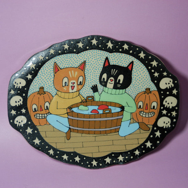 Ceramic Hand Built Halloween Cats Apples Plate 8.5"