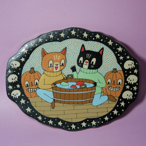 Ceramic Hand Built Halloween Cats Apples Plate 8.5"