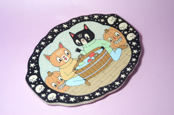 Ceramic Hand Built Halloween Cats Apples Plate 8.5"