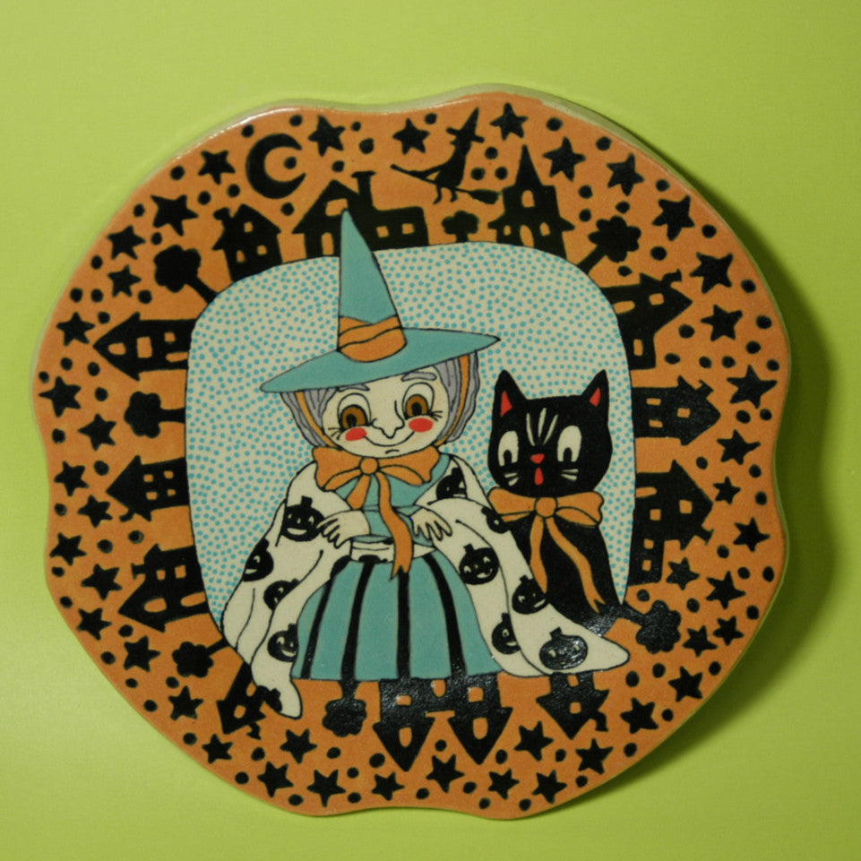Ceramic Hand Built Halloween Witch Plate 7"