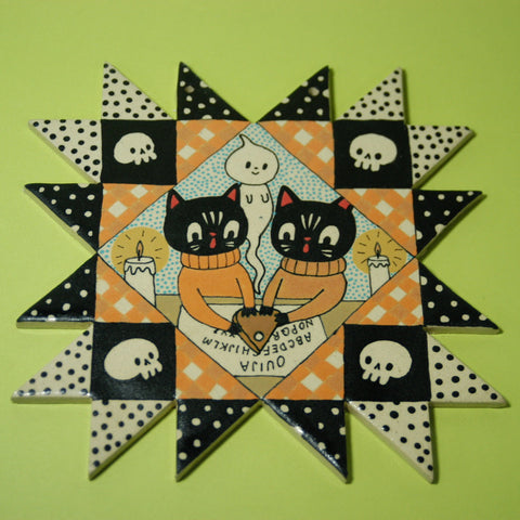 Ceramic Hand Built Halloween Ouija Cat Wall Quilt 7.5"