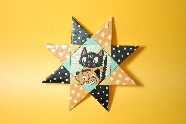Ceramic Hand Built Halloween Cat Wall Quilt 6.5"