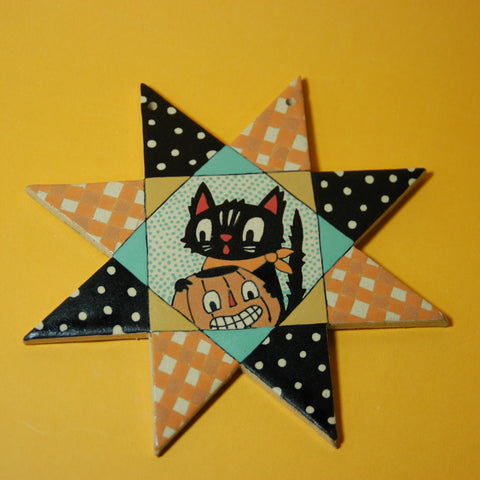 Ceramic Hand Built Halloween Cat Wall Quilt 6.5"