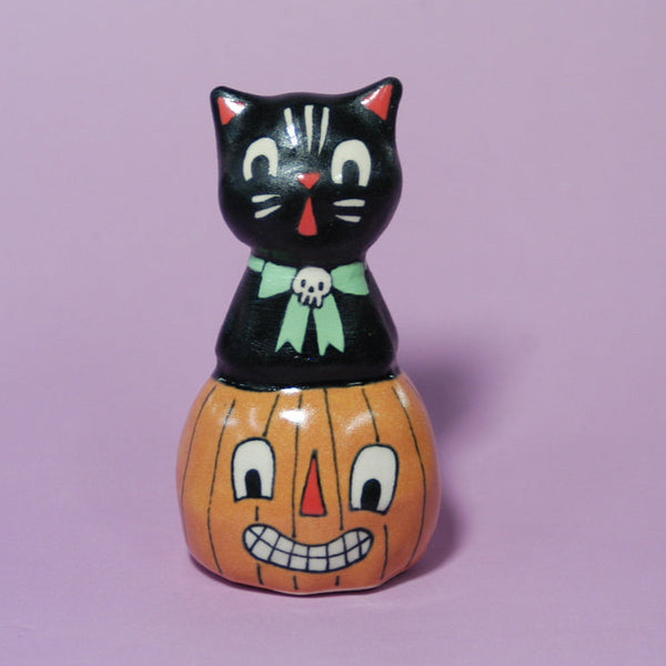 Ceramic Hand Built Halloween Cat Figure