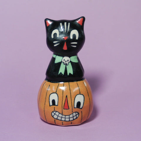 Ceramic Hand Built Halloween Cat Figure