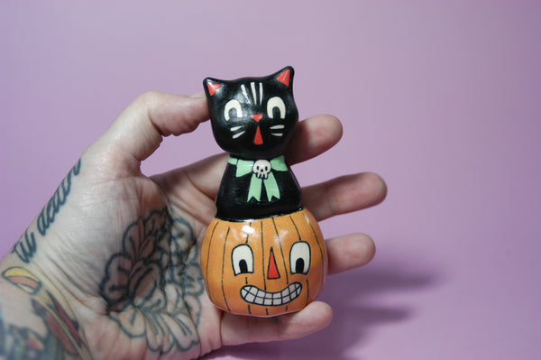 Ceramic Hand Built Halloween Cat Figure