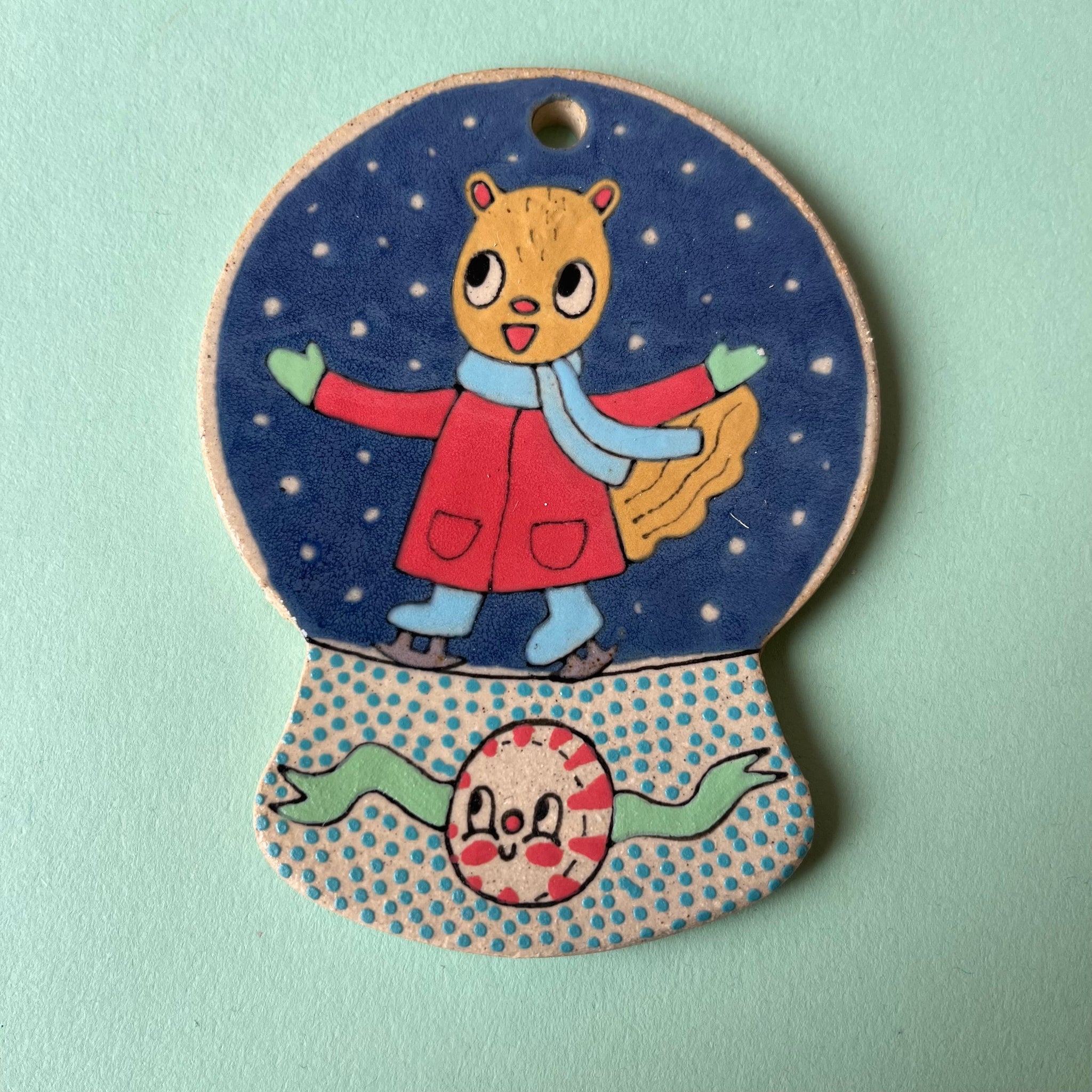 Ceramic Hand Built Ice Skaters Snow Globe Ornament