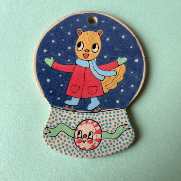 Ceramic Hand Built Ice Skaters Snow Globe Ornament