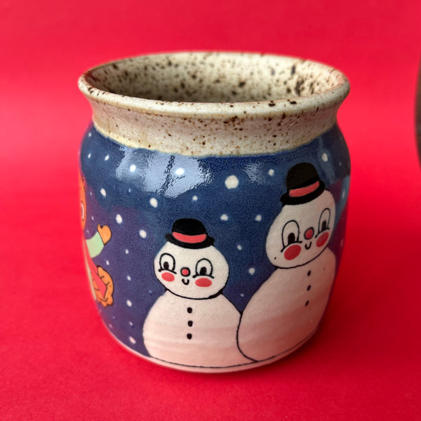 Ceramic Wheel Thrown Ice Skaters Snowman Mug 13.5oz