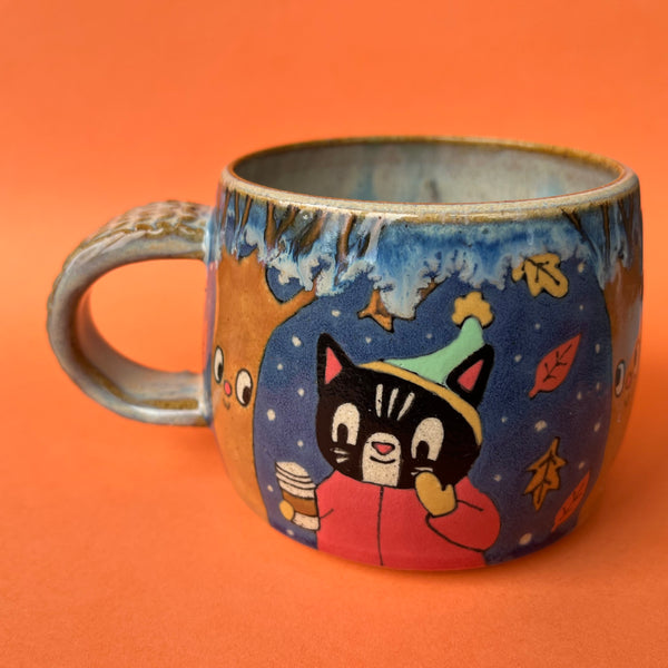 Ceramic Wheel Thrown Fall Cats Mug 11oz
