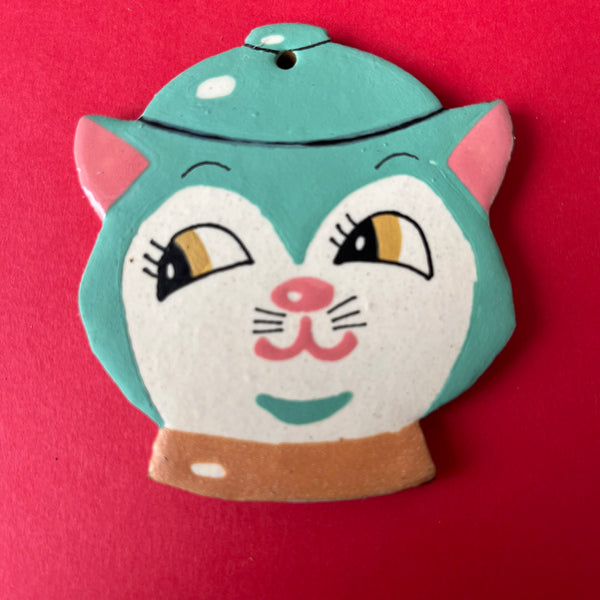 Ceramic Hand Built Vintage Cat Cookie Jar Ornament