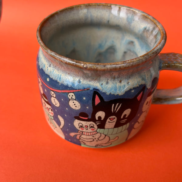 Ceramic Wheel Thrown Cat Snowman Mug 11oz