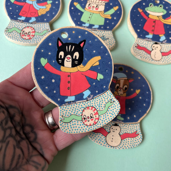 Ceramic Hand Built Ice Skaters Snow Globe Ornament