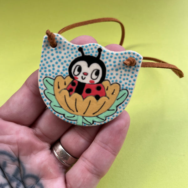 Ceramic Hand Built Necklace Happy Ladybug
