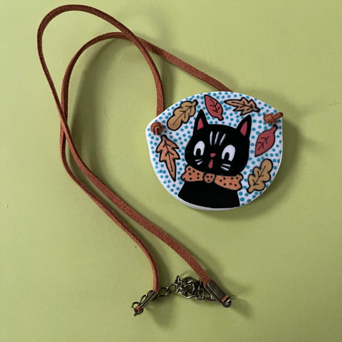 Ceramic Hand Built Necklace Fall Cat